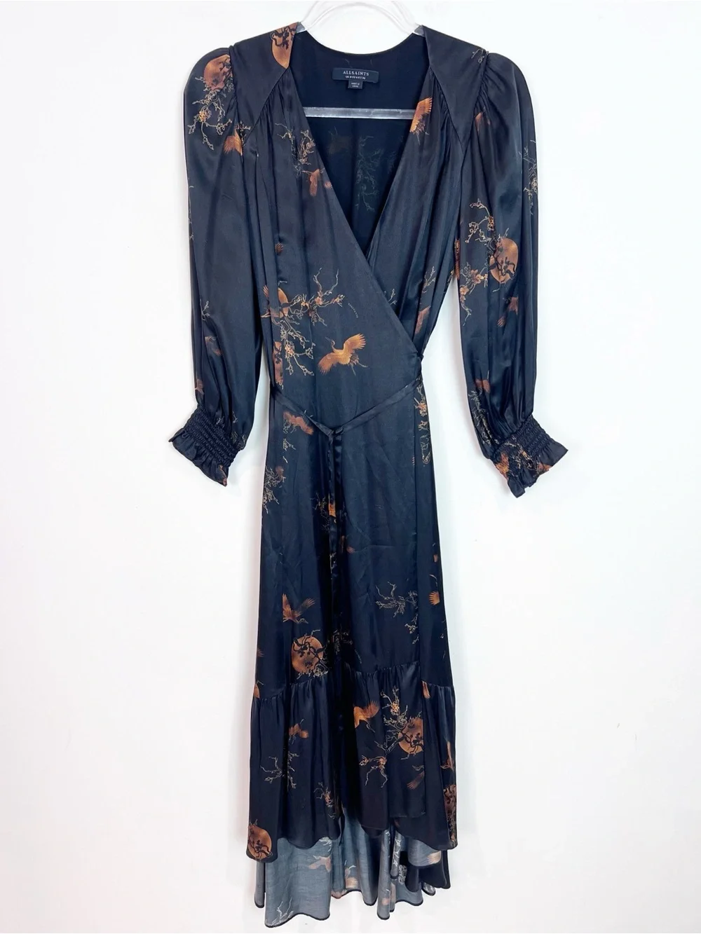 ALL SAINTS ADELAIDE AURORA BLACK WRAP MIDI DRESS BROWN BIRD BRANCHES PRINT SZ 4 - Picture 8 of 9